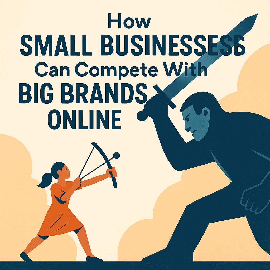 Illustration of a small business owner with a slingshot facing a giant figure holding a sword, symbolizing small businesses competing with big brands online with seo from Carson digital marketing